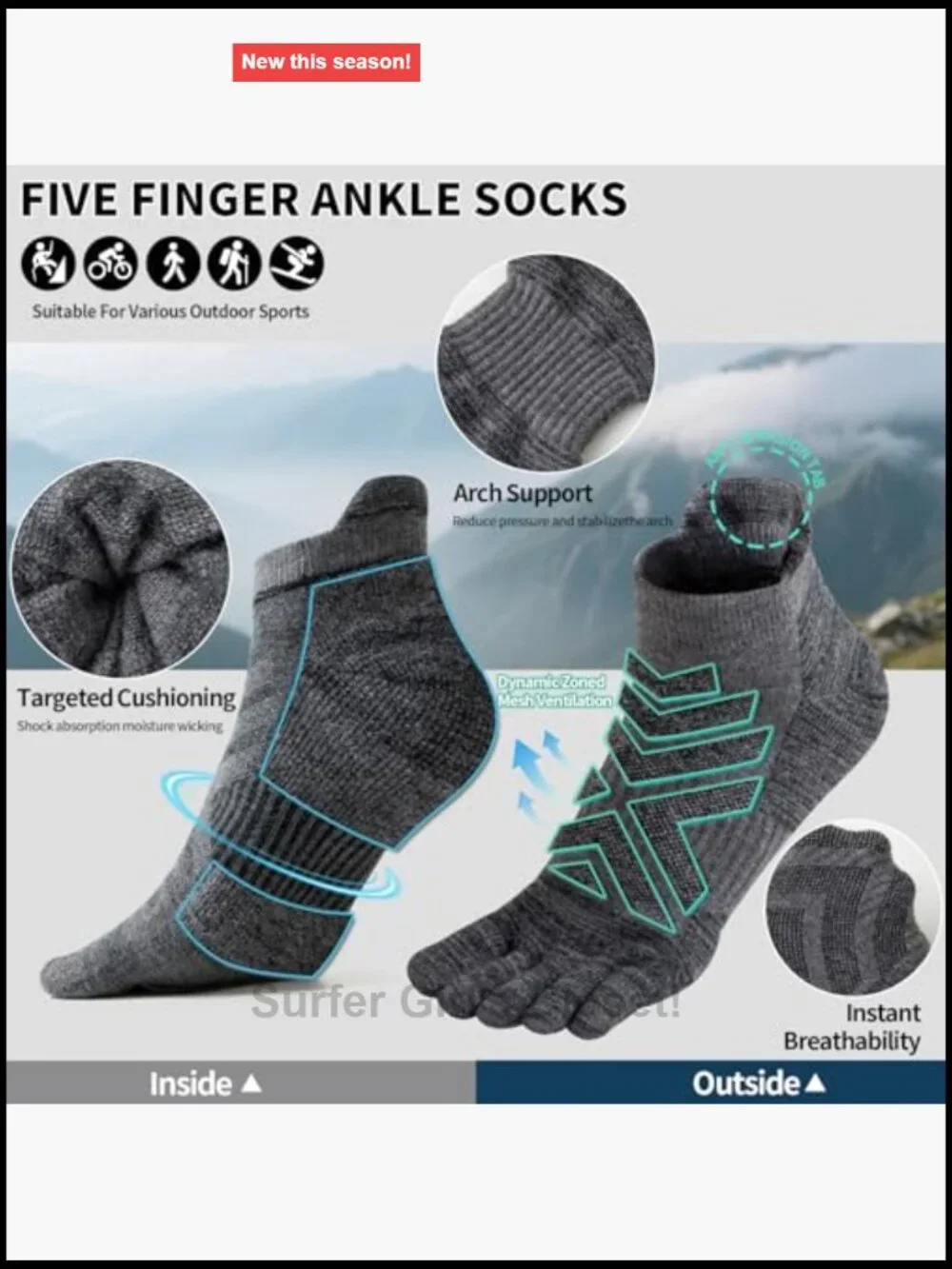 Merino Wool Toe Socks - 3 Pairs - Thick Cushion Hiking Running with Arch Support